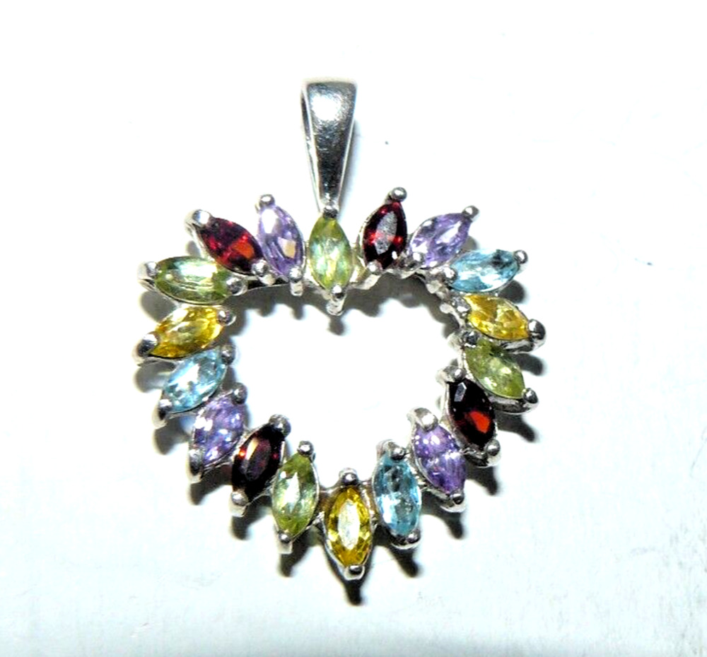 Multi 18 Gemstone Heart Pendant 925 Sterling Silver Vermeil Vtg Chakra RS Mark
